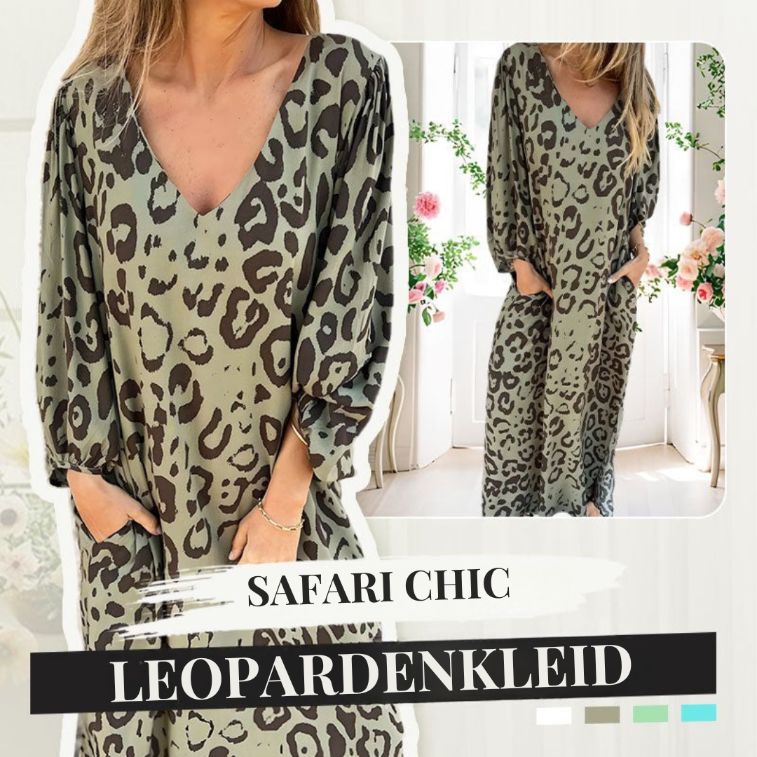Nala | Safari Chic Leopardenkleid für Damen mit V-Ausschnitt und 3/4-Ärmeln
