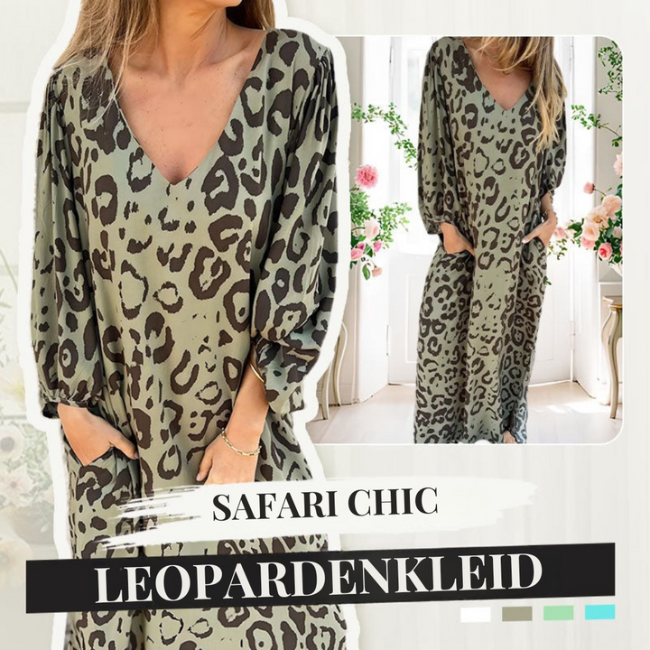 Nala | Safari Chic Leopardenkleid für Damen mit V-Ausschnitt und 3/4-Ärmeln