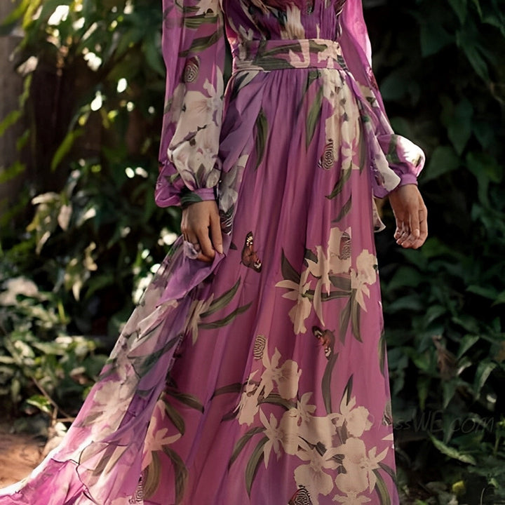 Carlotta | Damen Maxikleid mit Blumenmuster, V-Ausschnitt und langen Ärmeln
