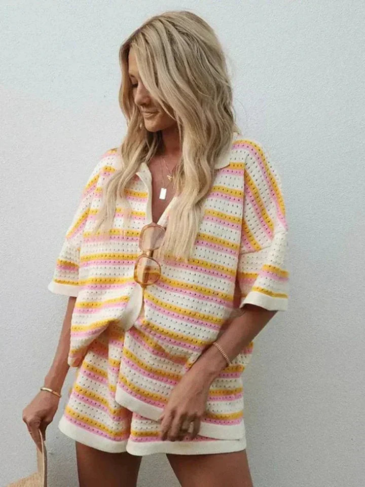 Damen Bold Gestreiftes 2-Teiliges Strickensemble mit V-Ausschnitt