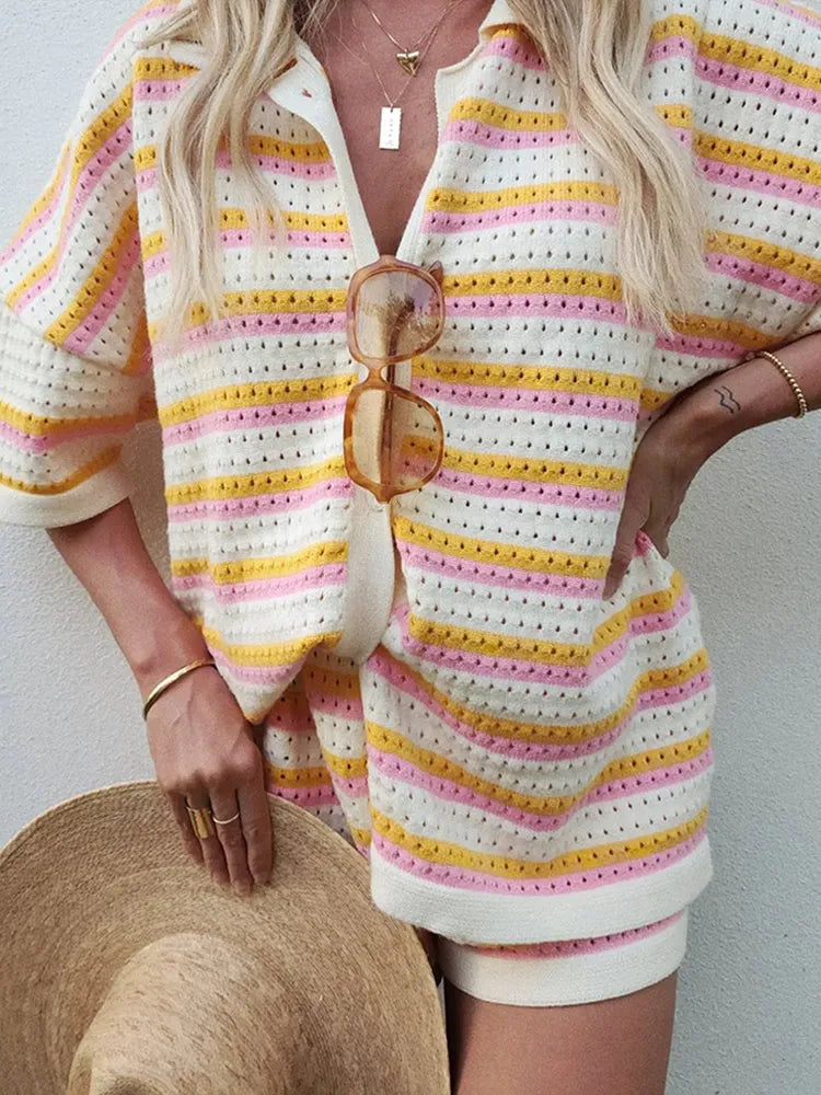 Damen Bold Gestreiftes 2-Teiliges Strickensemble mit V-Ausschnitt