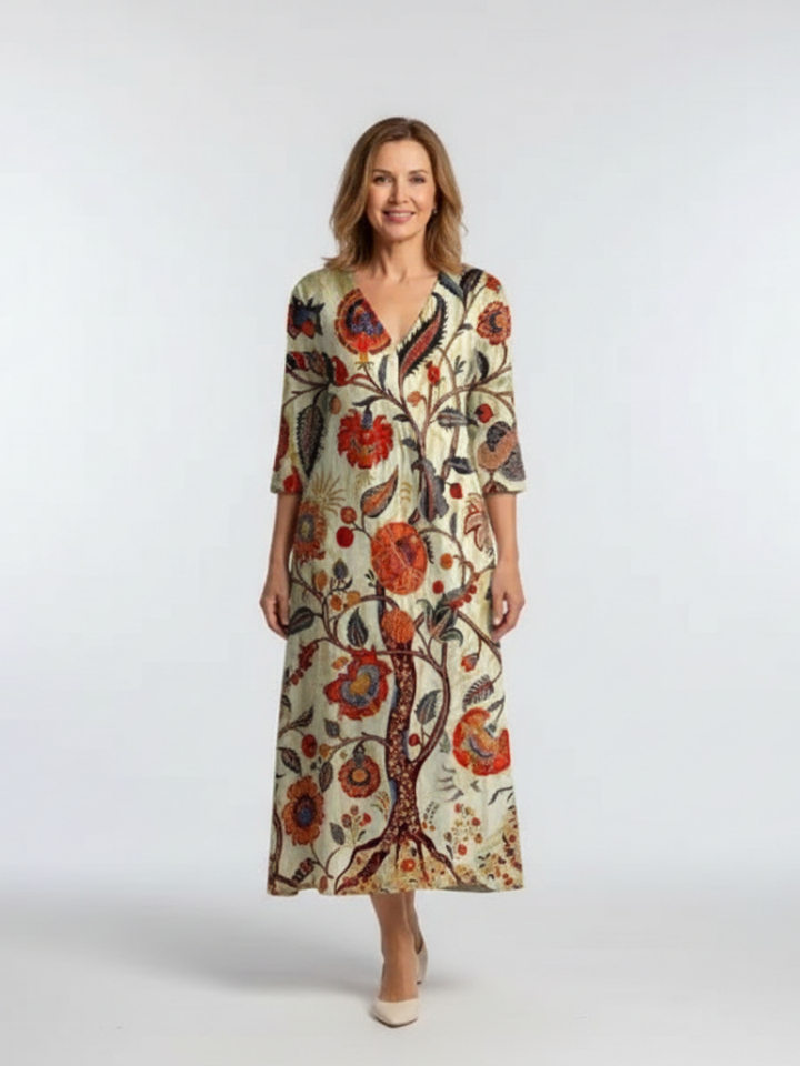 Corisande | V-Ausschnitt Langarm Blumenkleid Midi für Damen