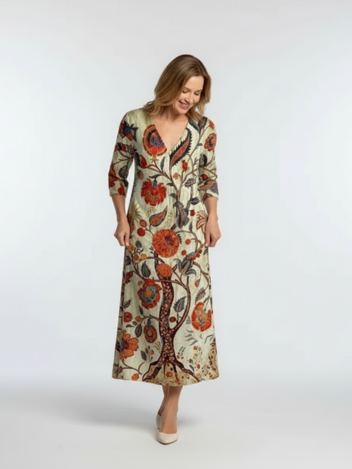 Corisande | V-Ausschnitt Langarm Blumenkleid Midi für Damen