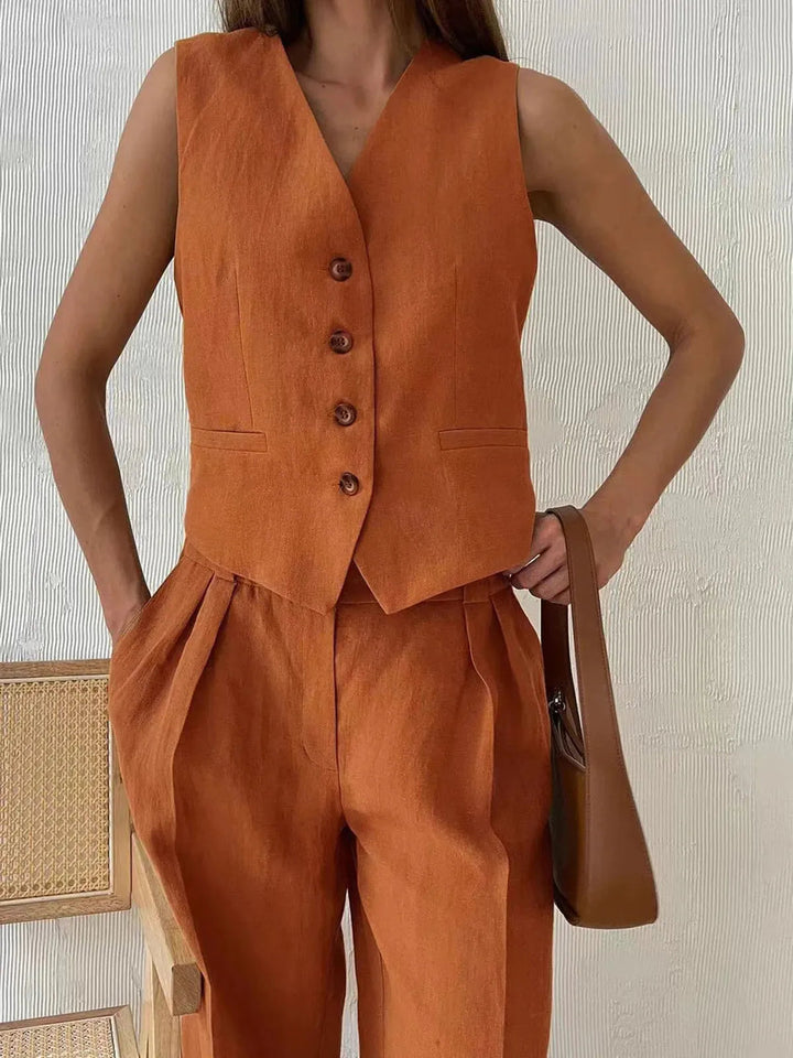 Damen Weitbein-Set mit Taschen und Knöpfen