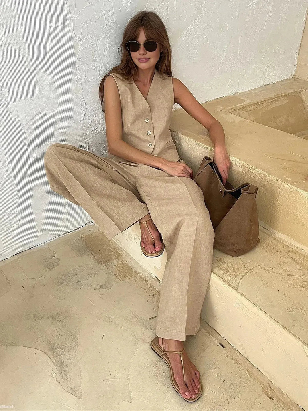 Damen Weitbein-Set mit Taschen und Knöpfen