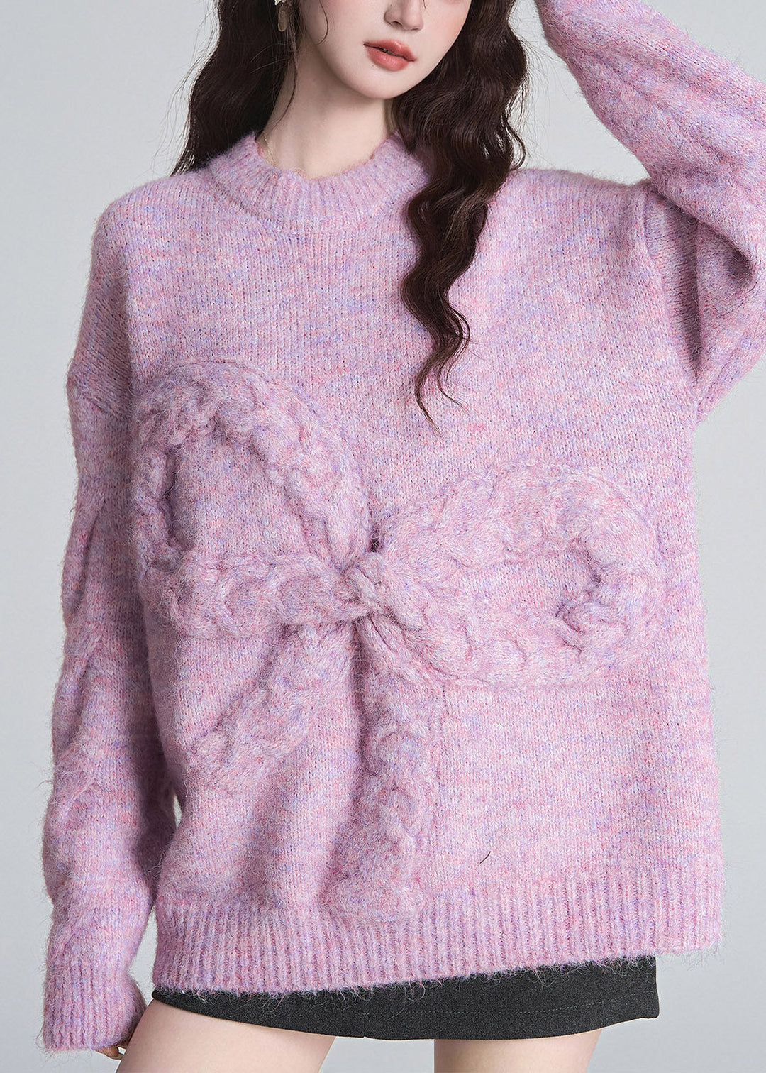 Damen Pullover mit Schleife und Rundhalsausschnitt