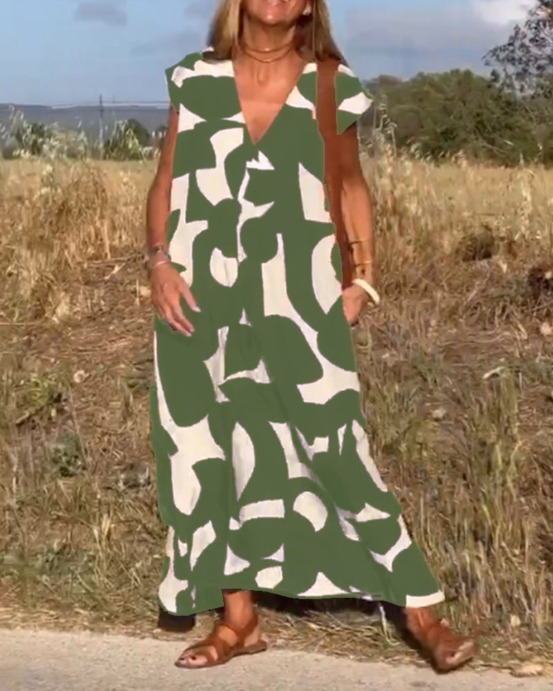 Kendall | Lässiges Abstract Midikleid für Damen mit V-Ausschnitt und kurzen Ärmeln