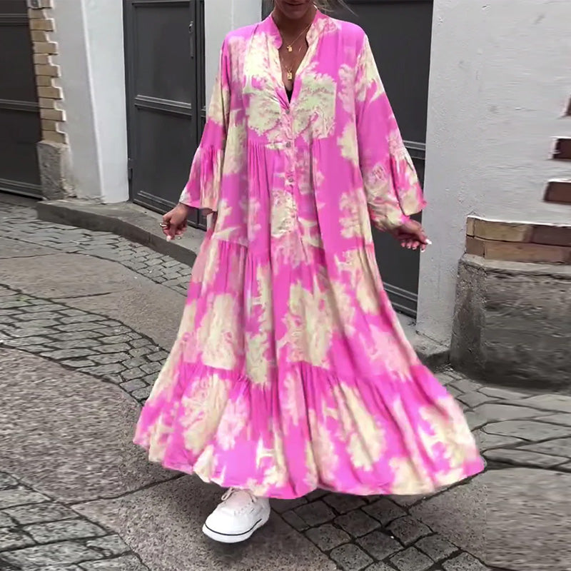 Diana | Bequemes Patchwork-Maxikleid für Damen mit V-Ausschnitt und langen Ärmeln