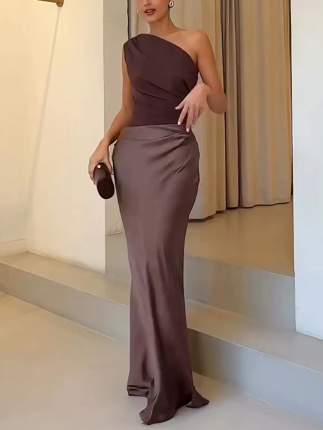 Anita | Schickes Ein-Schulter-Maxi-Kleid | Plissiertes Festkleid für Damen