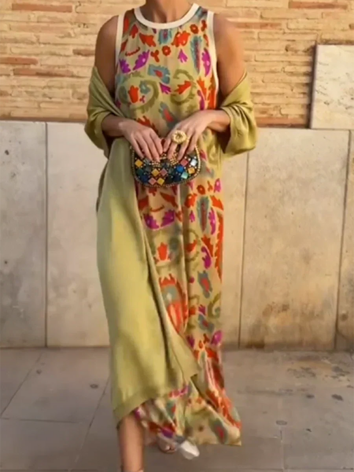 Delly | Bohemian Stil Zweiteiliges Maxikleid für Damen mit Rundhalsausschnitt