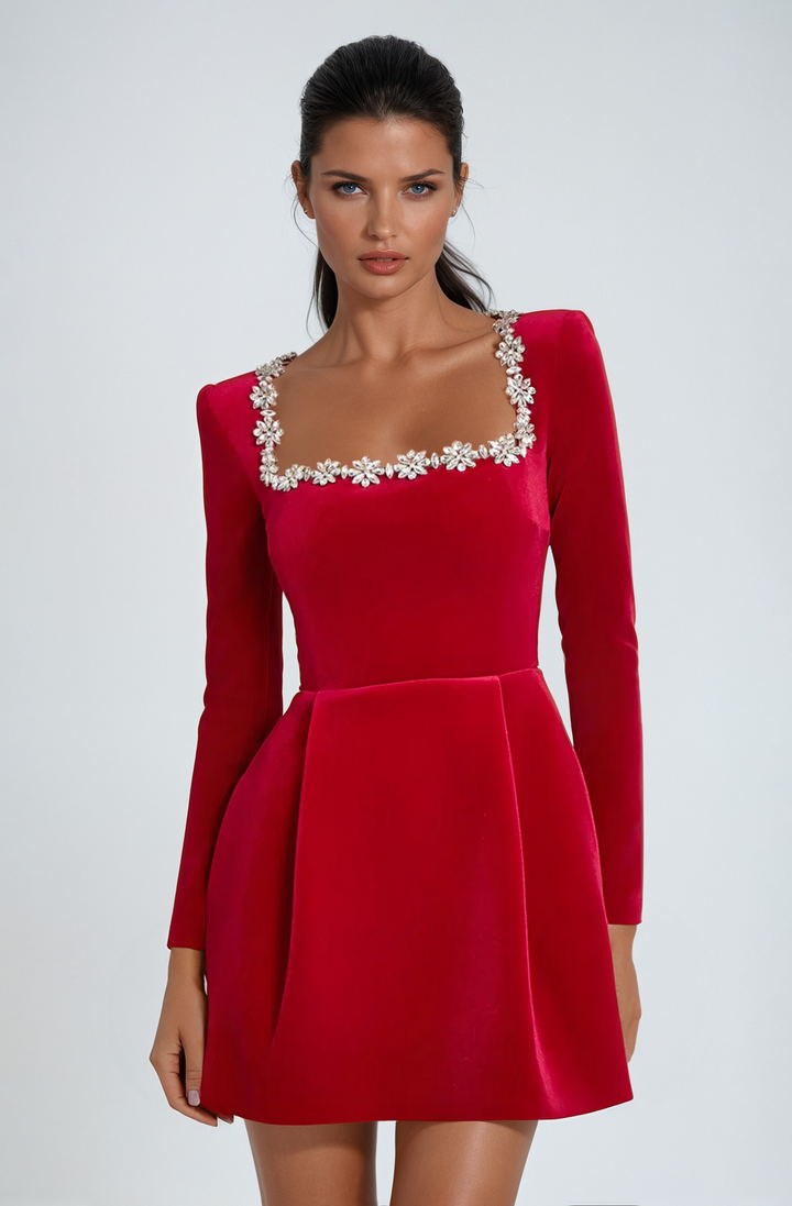 Lina | Elegantes Mini-Kleid für Damen mit eckigem Ausschnitt und langen Ärmeln