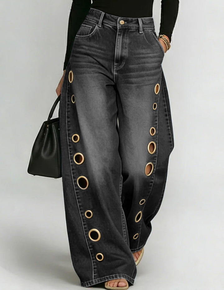 Weite Denim-Hosen für Damen mit goldenen Ösen-Seitenausschnitten
