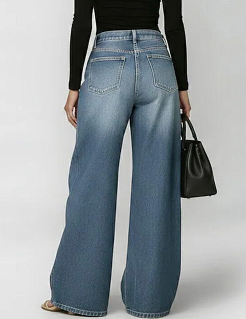 Weite Denim-Hosen für Damen mit goldenen Ösen-Seitenausschnitten