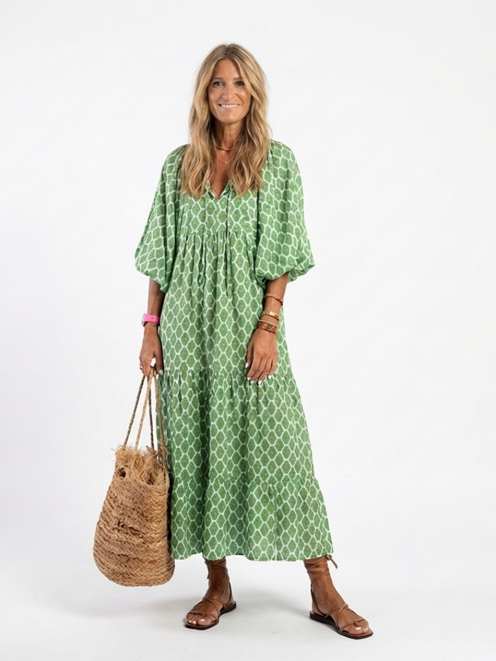 Apolline | Midi-Kleid für Damen mit dreiviertel Ärmeln und V-Ausschnitt im Muster