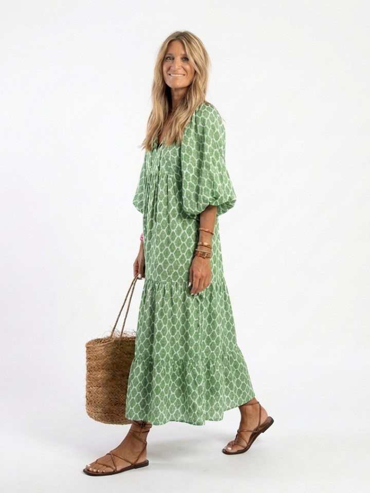 Apolline | Midi-Kleid für Damen mit dreiviertel Ärmeln und V-Ausschnitt im Muster