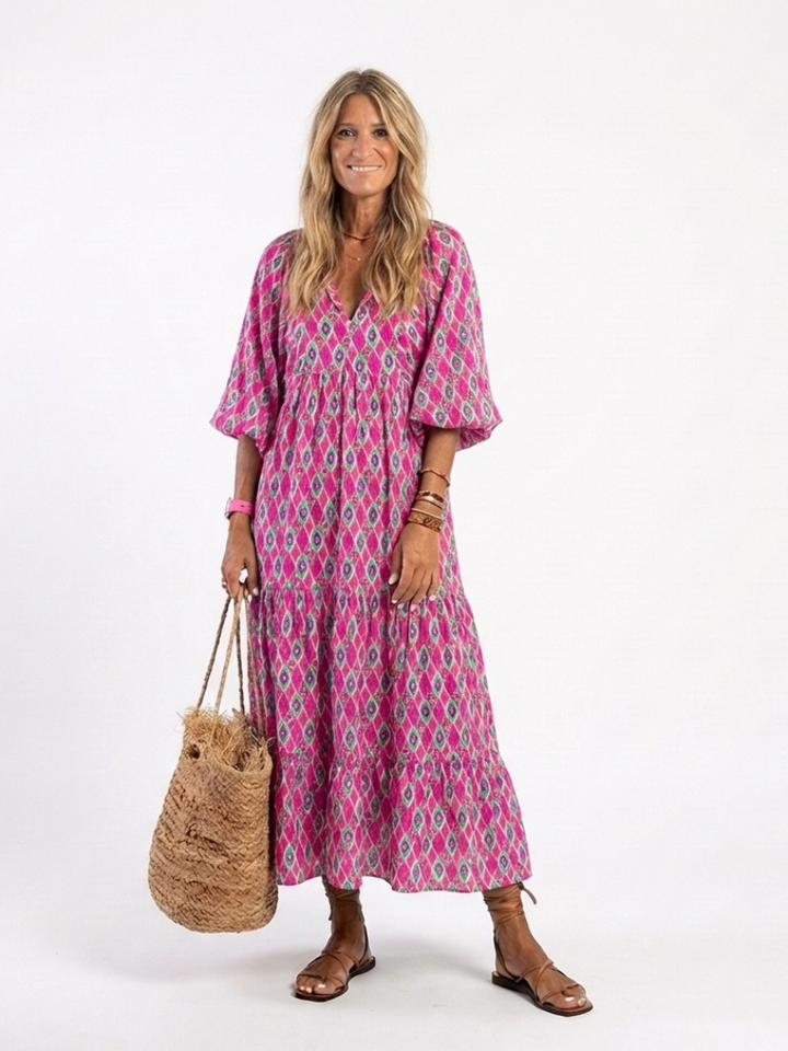 Apolline | Midi-Kleid für Damen mit dreiviertel Ärmeln und V-Ausschnitt im Muster