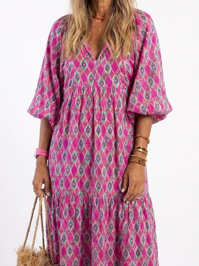 Apolline | Midi-Kleid für Damen mit dreiviertel Ärmeln und V-Ausschnitt im Muster
