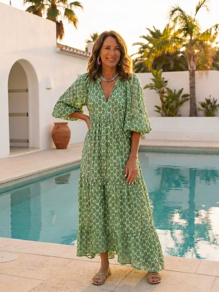 Apolline | Midi-Kleid für Damen mit dreiviertel Ärmeln und V-Ausschnitt im Muster