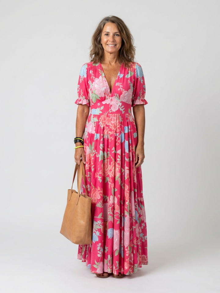 Ione | Kurzes Ärmels V-Ausschnitt Blumen Maxi Kleid für Damen
