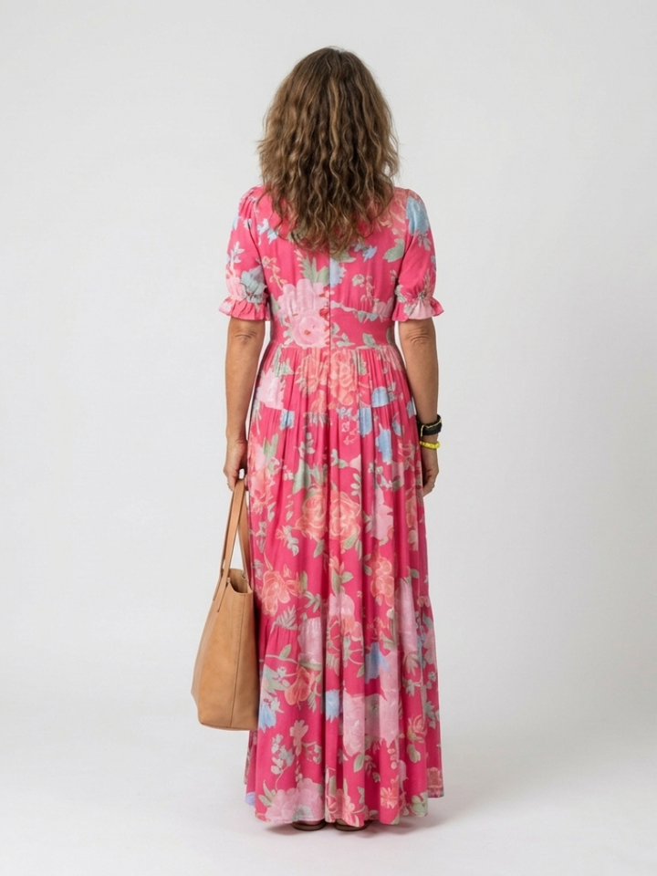 Ione | Kurzes Ärmels V-Ausschnitt Blumen Maxi Kleid für Damen