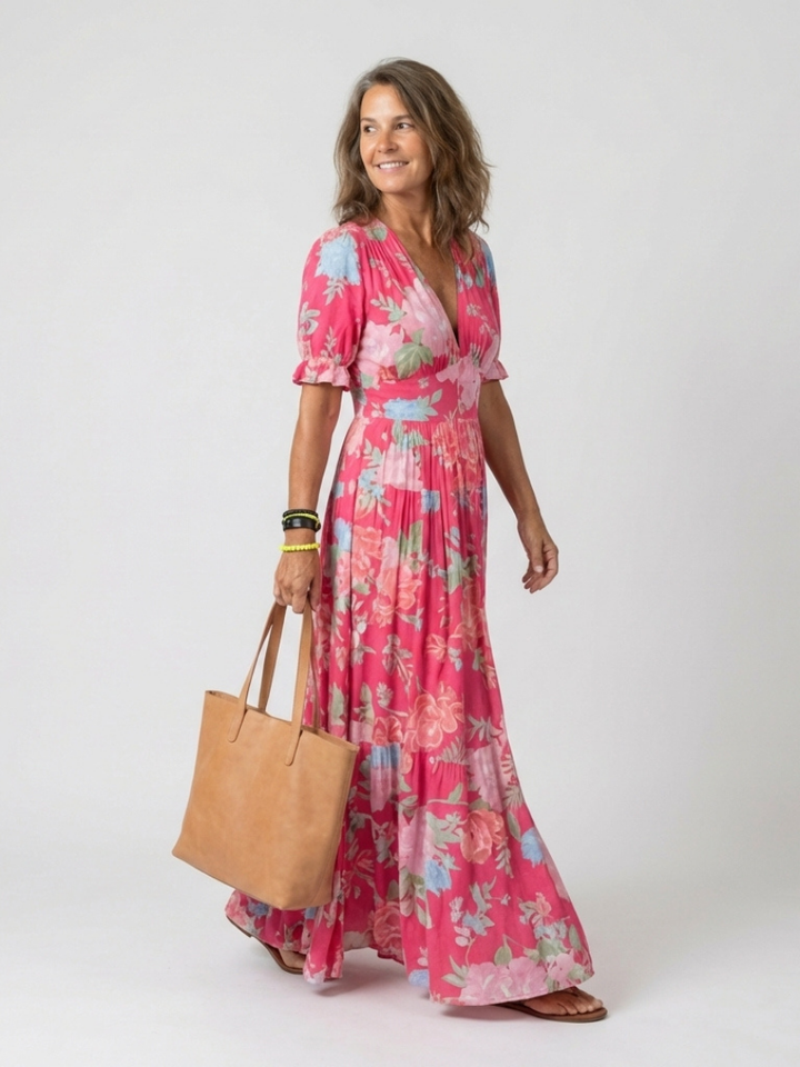 Ione | Kurzes Ärmels V-Ausschnitt Blumen Maxi Kleid für Damen