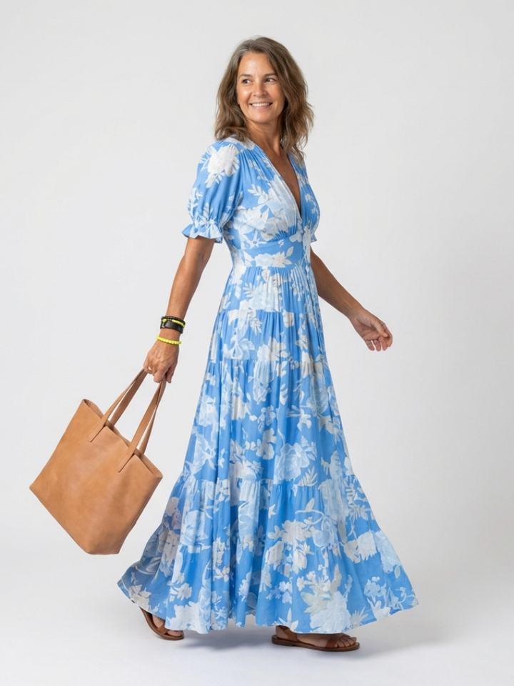Ione | Kurzes Ärmels V-Ausschnitt Blumen Maxi Kleid für Damen