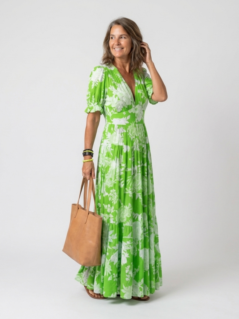 Ione | Kurzes Ärmels V-Ausschnitt Blumen Maxi Kleid für Damen