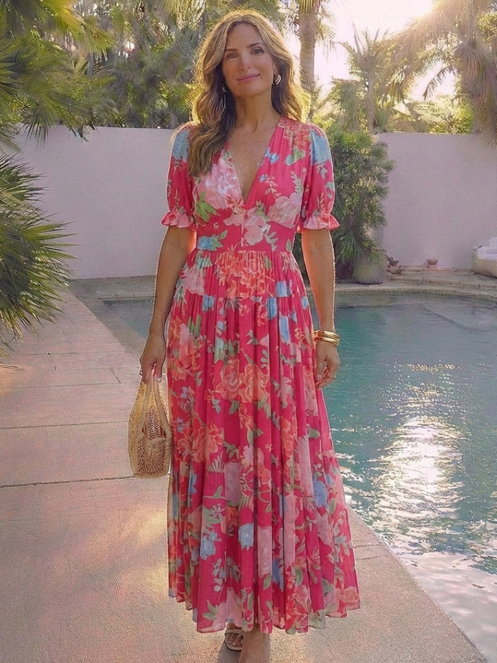 Ione | Kurzes Ärmels V-Ausschnitt Blumen Maxi Kleid für Damen