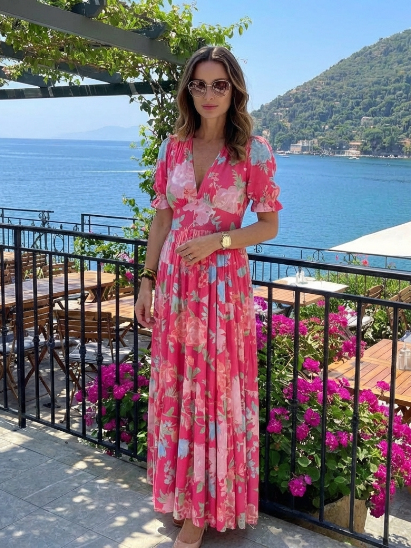 Ione | Kurzes Ärmels V-Ausschnitt Blumen Maxi Kleid für Damen