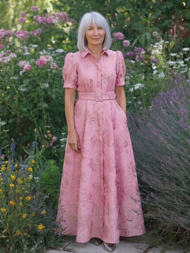 Xanthea | Kurzärmeliges, tailliertes, blumenstrukturiertes Maxikleid für Damen
