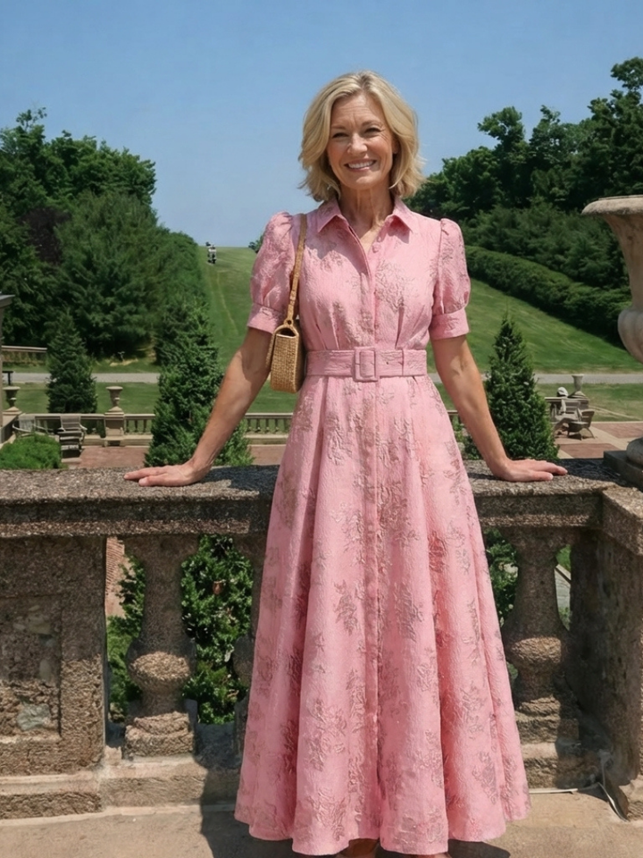 Xanthea | Kurzärmeliges, tailliertes, blumenstrukturiertes Maxikleid für Damen