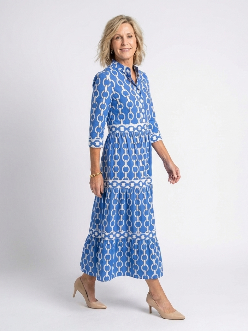 Ysolde | Midi-Kleid für Damen mit 3/4-Ärmeln und Kettenmuster
