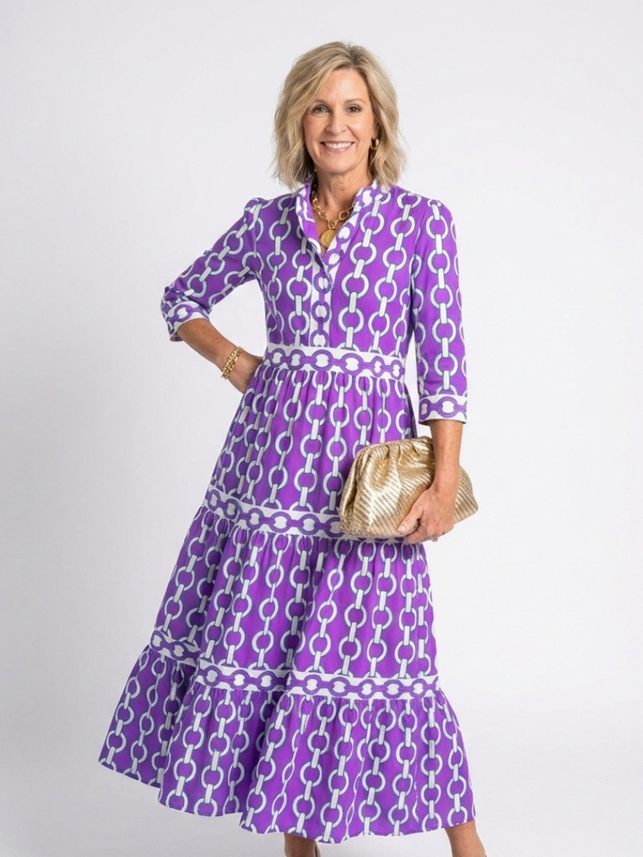 Ysolde | Midi-Kleid für Damen mit 3/4-Ärmeln und Kettenmuster