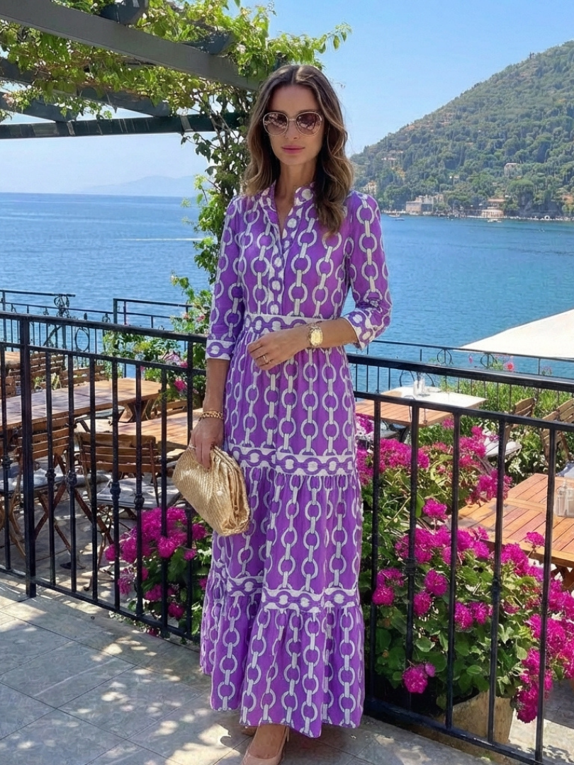 Ysolde | Midi-Kleid für Damen mit 3/4-Ärmeln und Kettenmuster