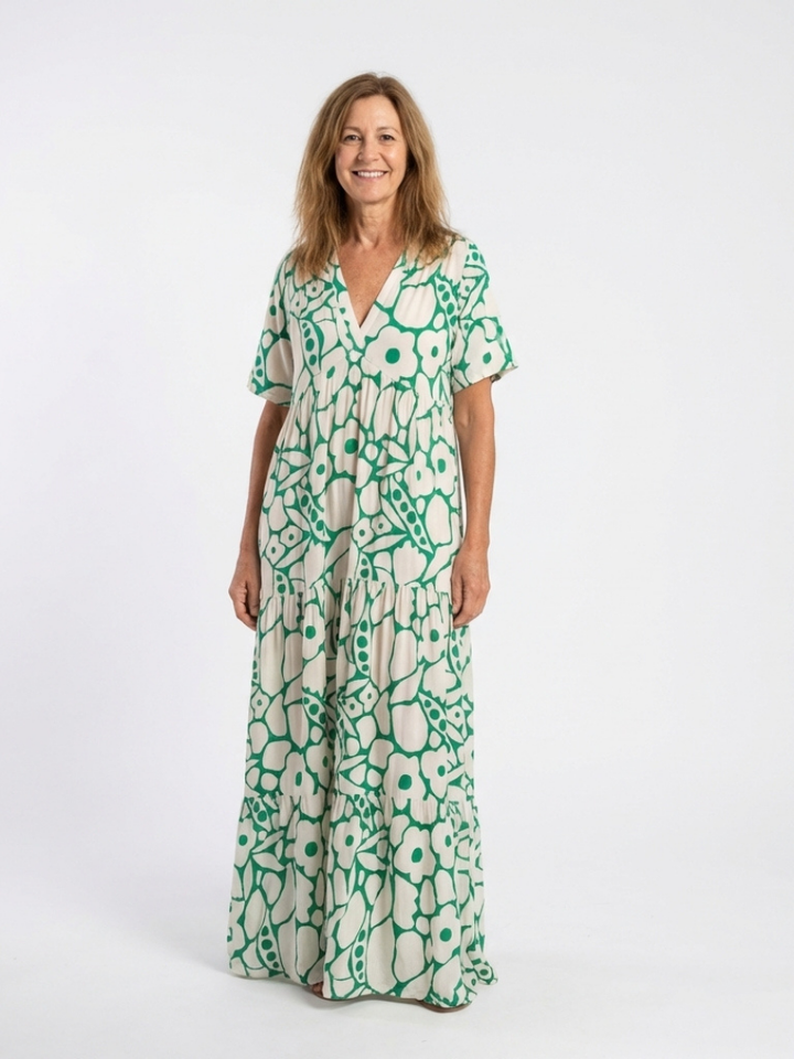 Zuleika | Kurzärmliges V-Ausschnitt Blumen-Midi-Kleid für Damen
