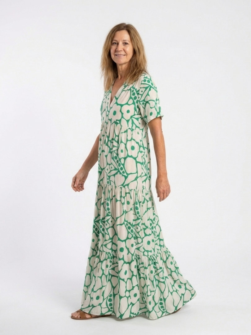 Zuleika | Kurzärmliges V-Ausschnitt Blumen-Midi-Kleid für Damen