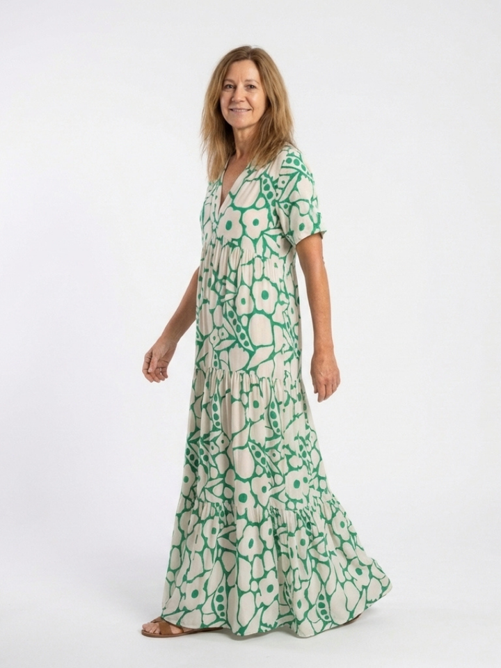Zuleika | Kurzärmliges V-Ausschnitt Blumen-Midi-Kleid für Damen