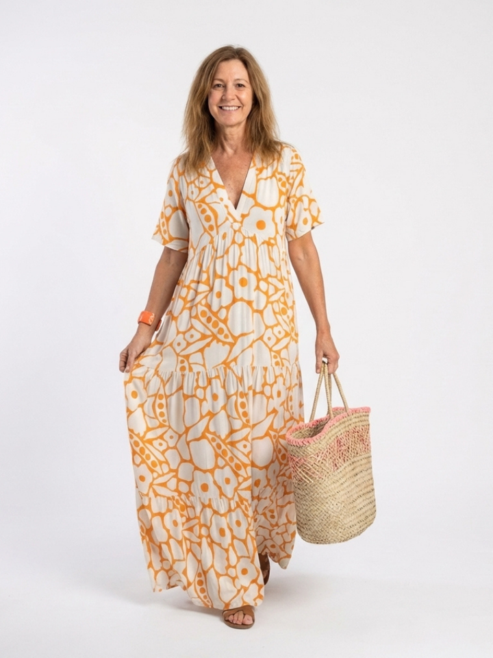 Zuleika | Kurzärmliges V-Ausschnitt Blumen-Midi-Kleid für Damen
