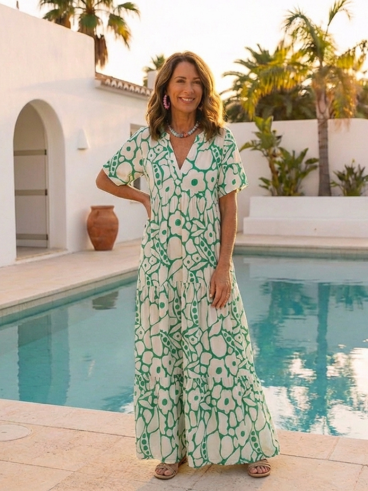 Zuleika | Kurzärmliges V-Ausschnitt Blumen-Midi-Kleid für Damen