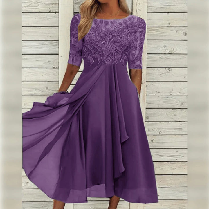 Damen Spitzen-Midikleid mit Rundhalsausschnitt und Taschen