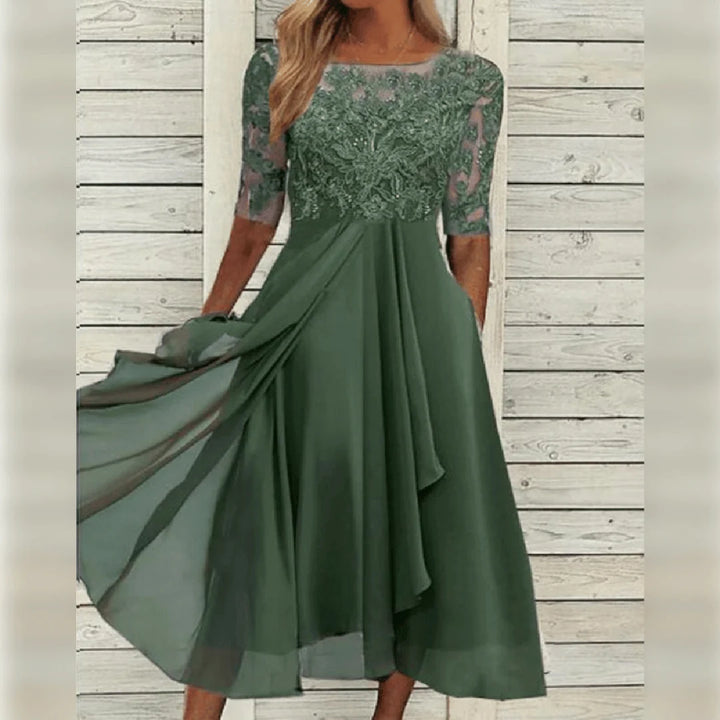 Damen Spitzen-Midikleid mit Rundhalsausschnitt und Taschen