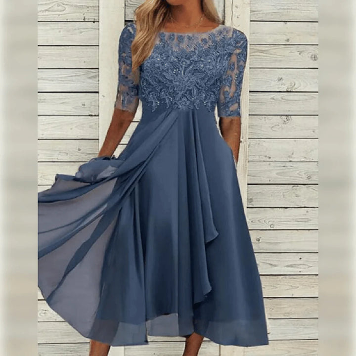 Damen Spitzen-Midikleid mit Rundhalsausschnitt und Taschen