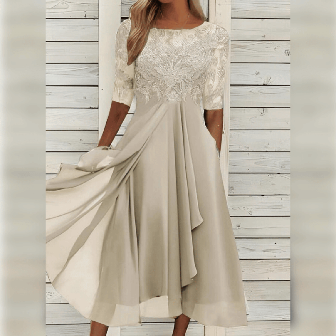 Damen Spitzen-Midikleid mit Rundhalsausschnitt und Taschen