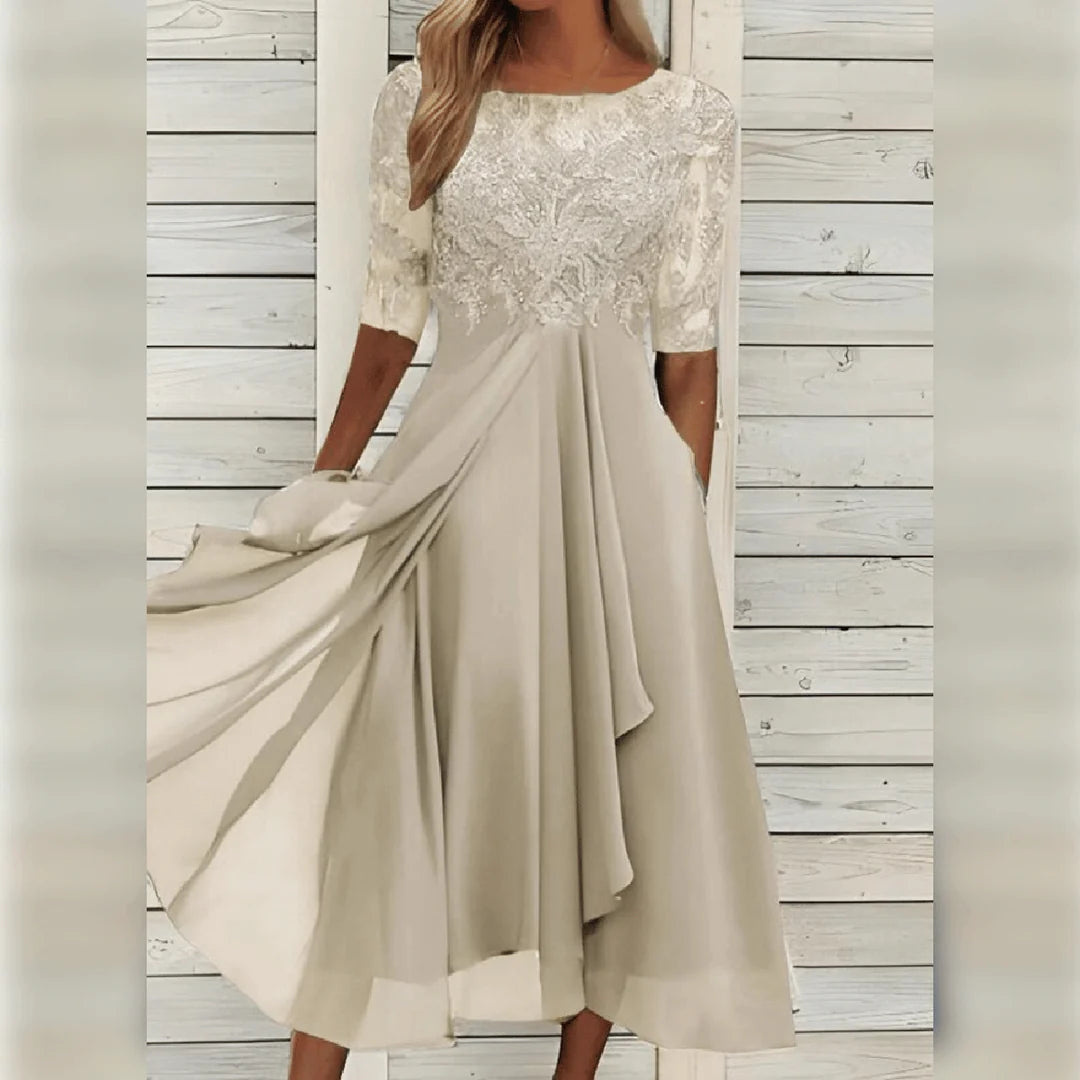 Damen Spitzen-Midikleid mit Rundhalsausschnitt und Taschen