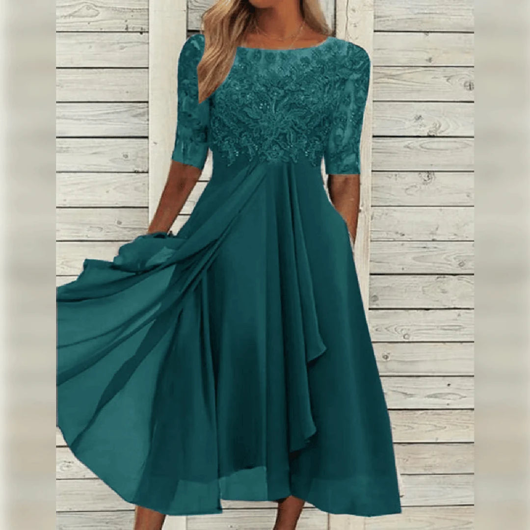 Damen Spitzen-Midikleid mit Rundhalsausschnitt und Taschen