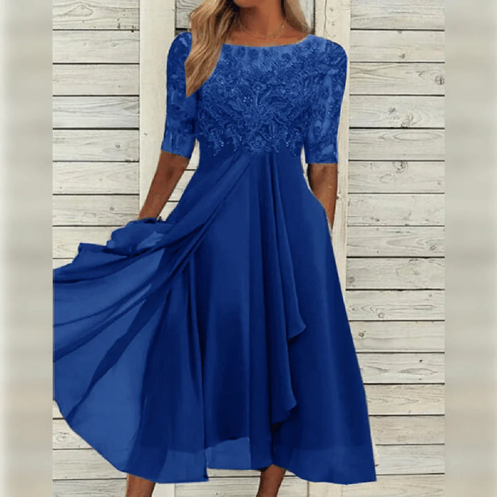 Damen Spitzen-Midikleid mit Rundhalsausschnitt und Taschen