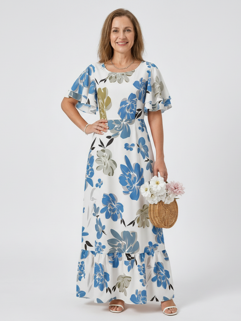 Elowen | Rundhals Kurzarm Schichten Maxikleid für Damen
