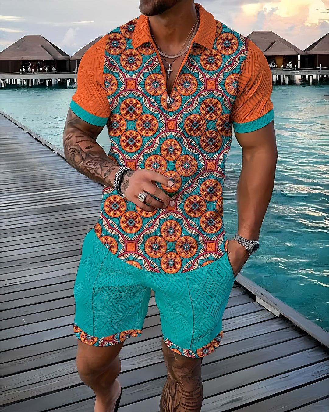 Finn | Azurblaues Poloshirt- und Shorts-Set für Herren