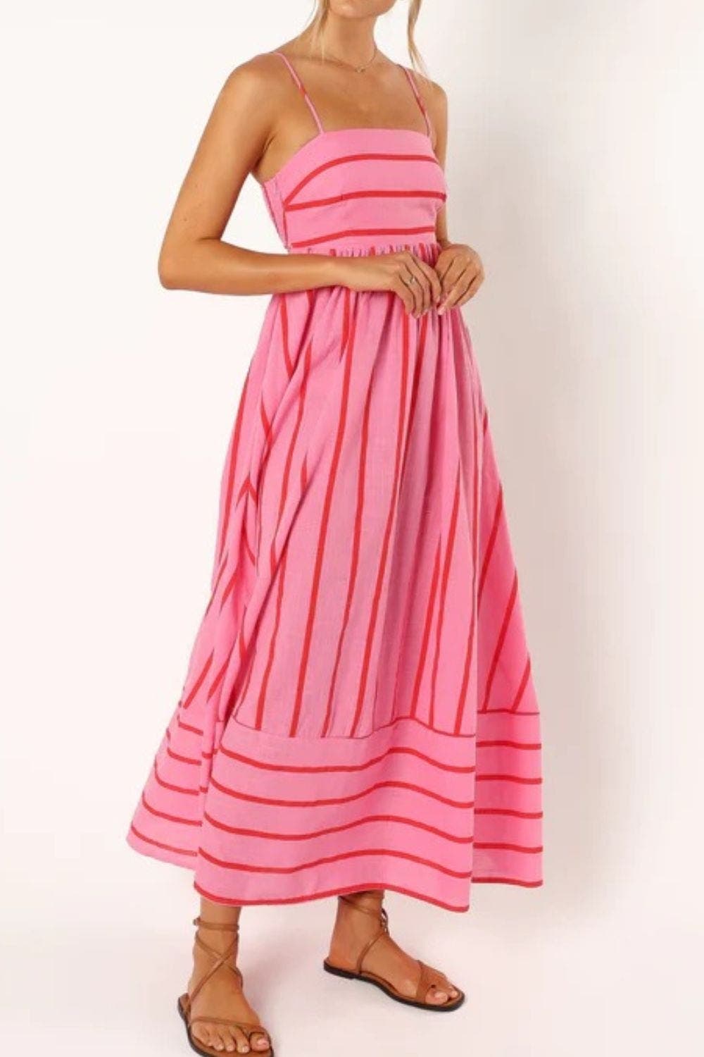 Damen Maxikleid mit eckigem Ausschnitt, ärmellos und gestreift
