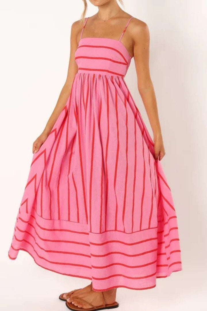 Damen Maxikleid mit eckigem Ausschnitt, ärmellos und gestreift